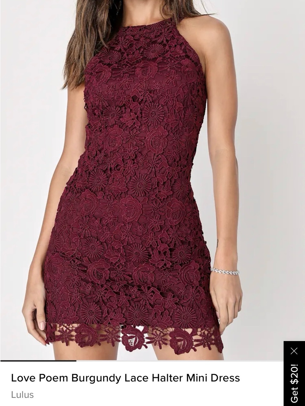 Lulu’s Burgundy Lace Halter Dress, Size S